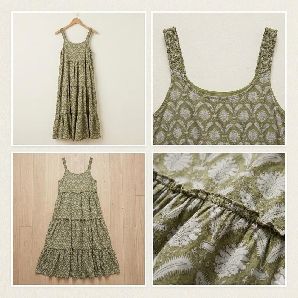 Natural Life Green Block Print Tiered Boho Midi Sundress S